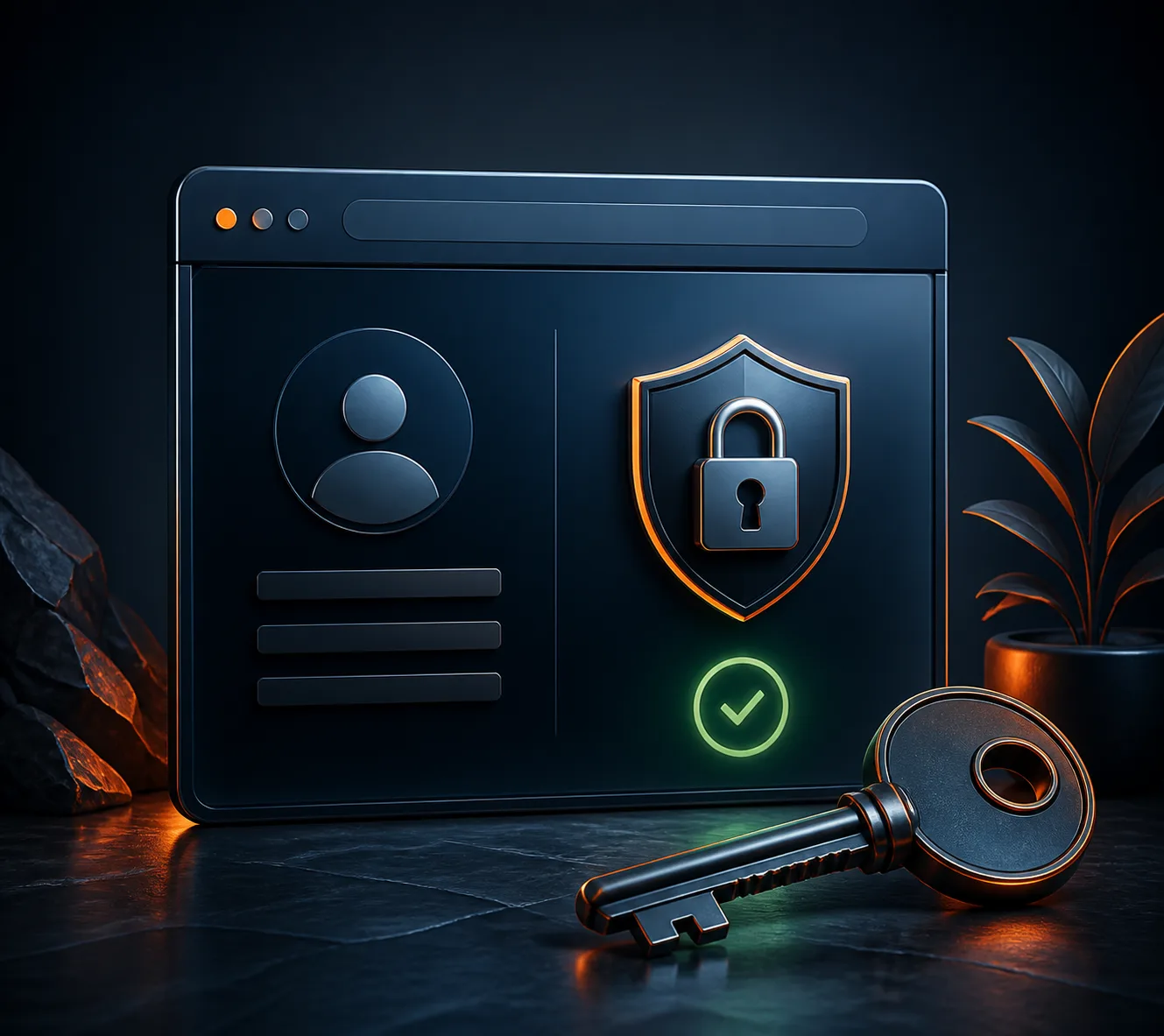 Abstract Slotozen account access scene with a secure browser window and orange-green light accents