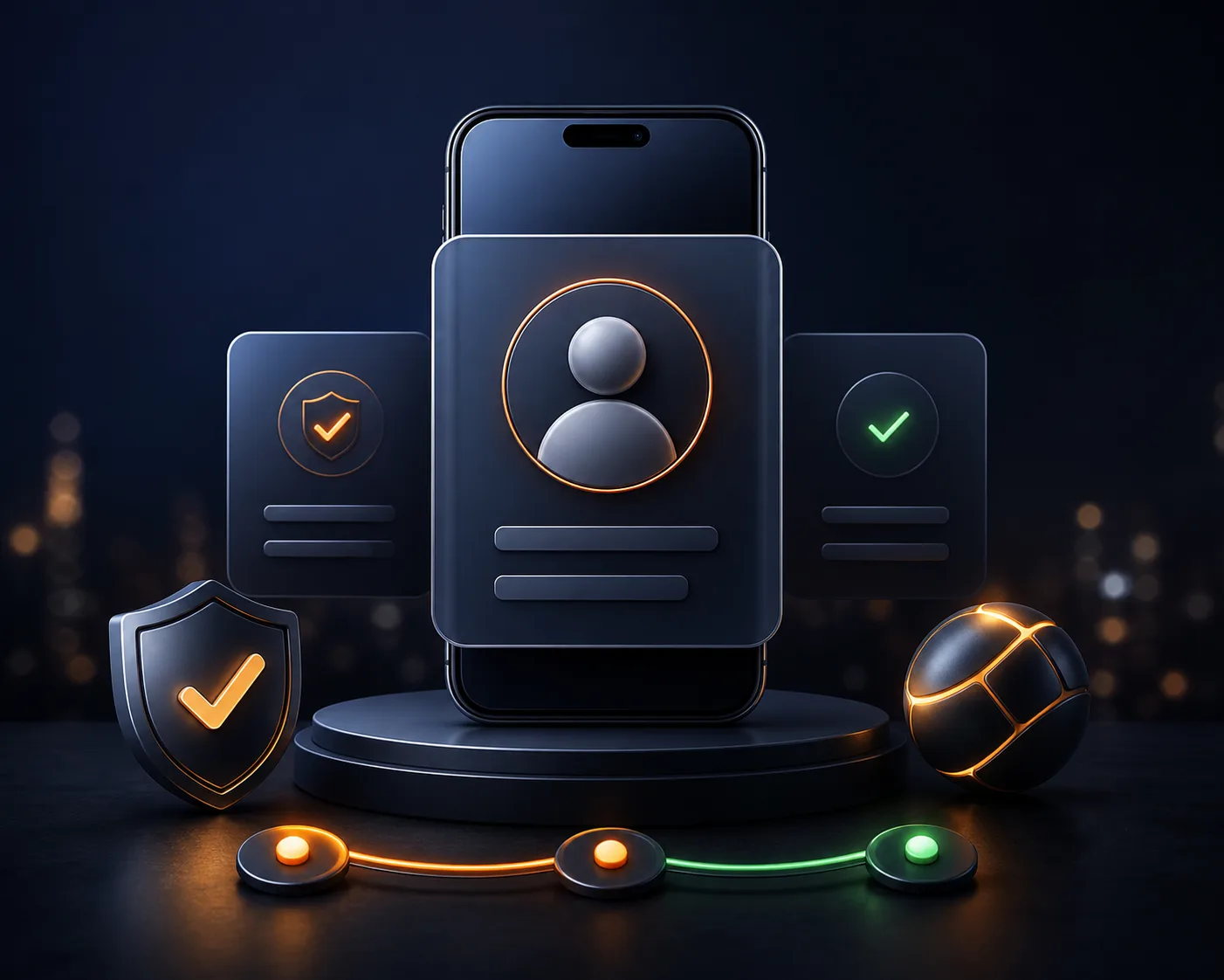 Slotozen account registration concept with a phone, profile card and orange progress lights
