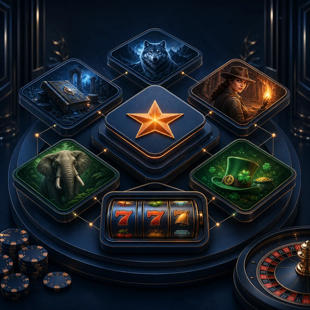 Abstract Slotozen casino software and slot provider concept with layered game tiles